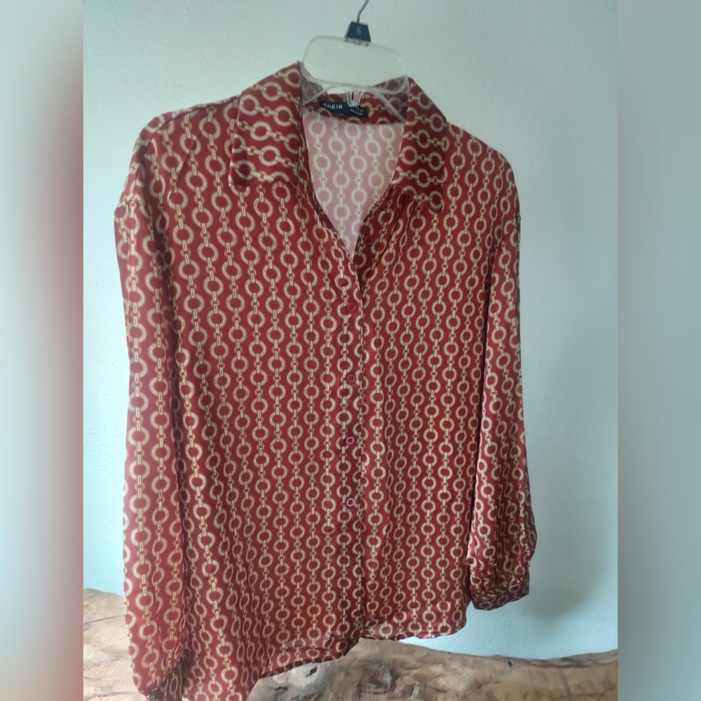 SHEIN Red Long Sleeve Collar Button Down Shirt